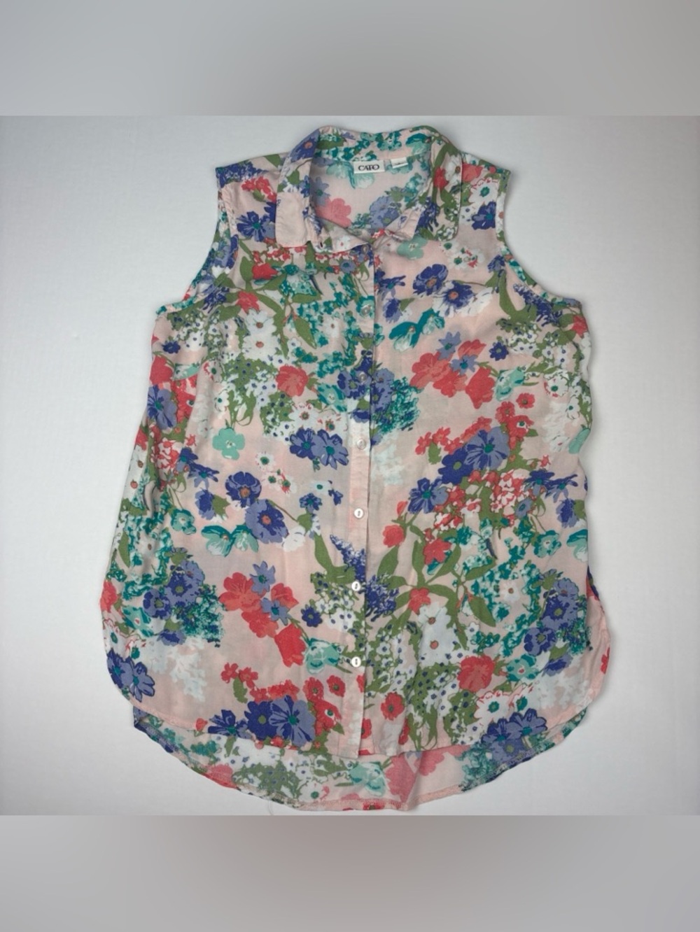 Cato Women Large Shirt Floral Pink Blue Sleeveless Collared Button Up Rayon